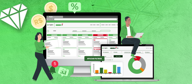 página de ilustração do rupee, mostrando tela de dashboard e do painel kanban